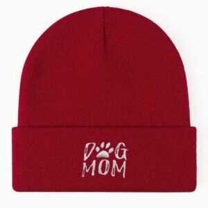 "Dog Mom" Stocking Beanie Hat in Deep Red